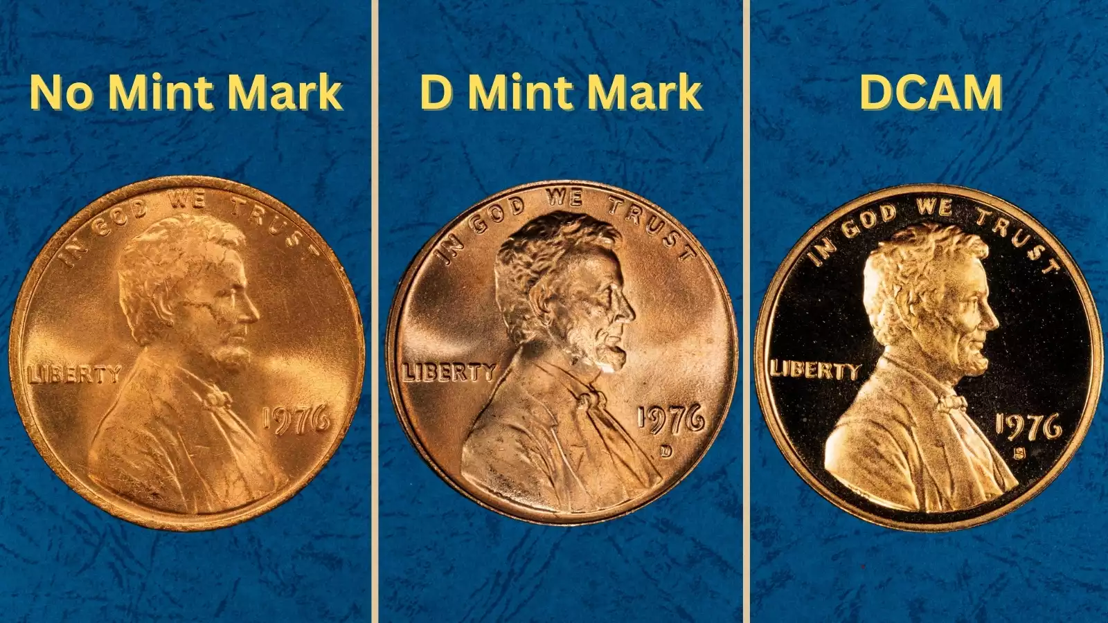 Grading strip showing four 1976 Lincoln cents from worn through gem uncirculated Red condition