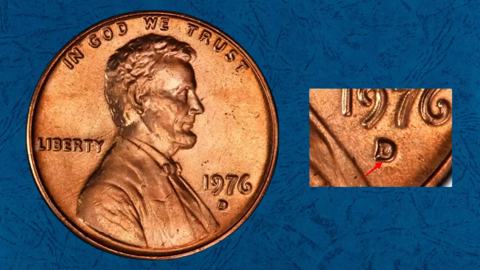 1976-D penny repunched mint mark close-up showing secondary D impression below the primary mint mark