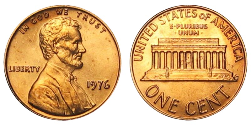 Group of 1976 Lincoln cents ranging from circulated to gem uncirculated condition showing the spectrum of available grades